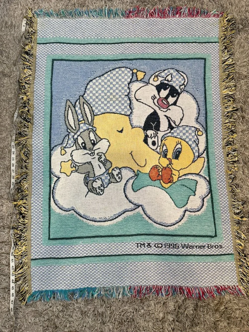 Vtg 90s Baby Looney Tunes Blanket Gerber Lovables Woven Cotton Jacquard 32x48